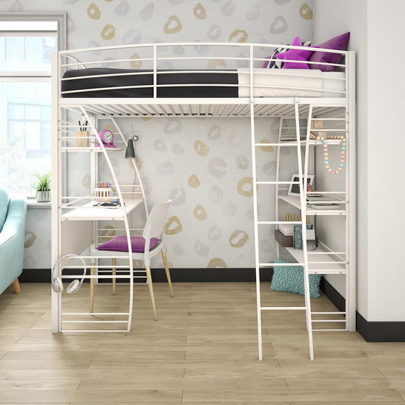 DHP Sage Studio Twin Metal Loft Bed with Integrated Desk and Shelves, Off White - White - Twin