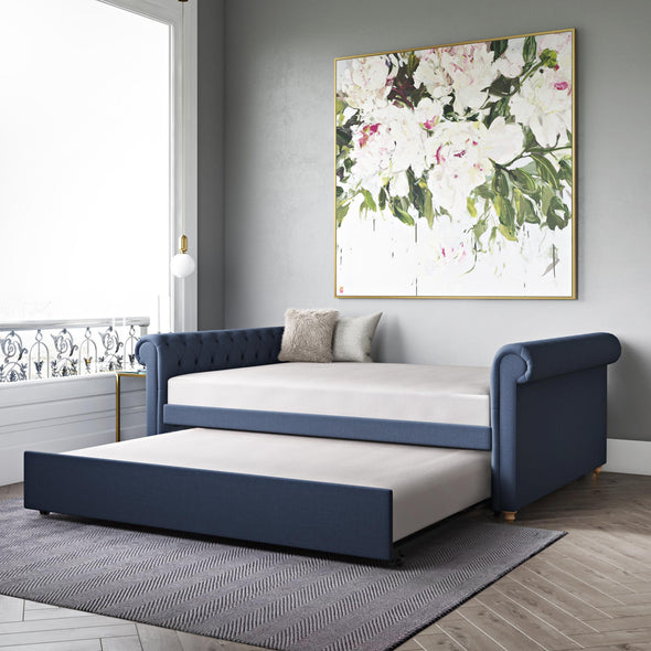 DHP Sophia Upholstered Queen Daybed and Full Trundle, Navy Blue Linen - Navy - Queen