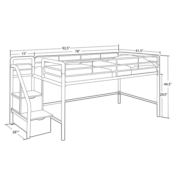 DHP Sol Junior Twin Metal Loft Bed with Storage Steps, Black - Black - Twin