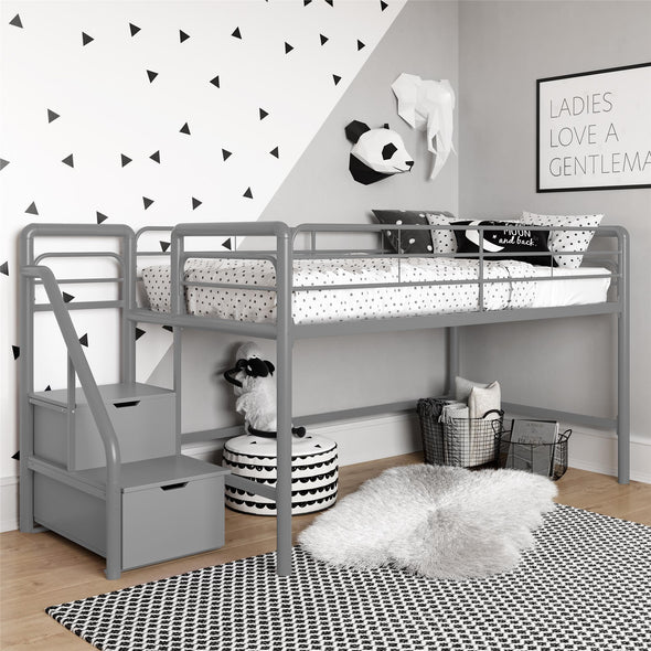 DHP Junior Twin Loft Bed with Storage Steps, Silver - Silver / grey - Twin