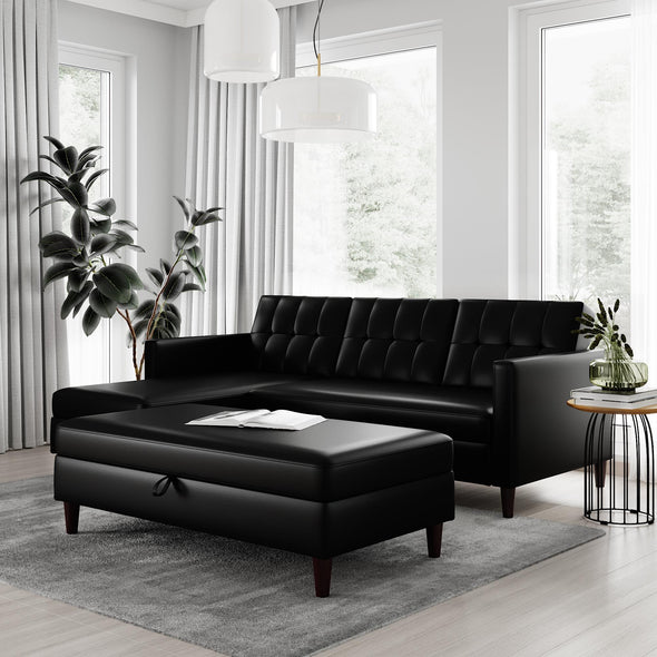 Hartford Storage Sectional Futon and Ottoman - Black Faux Leather - N/A