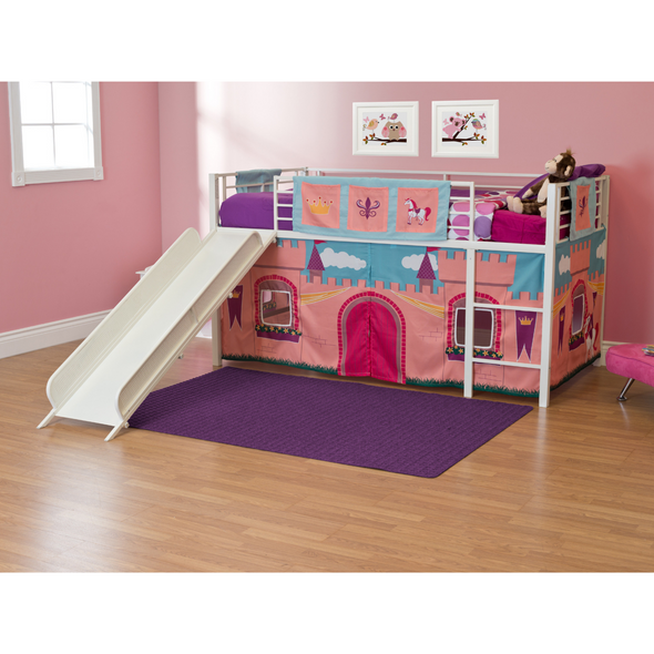 Junior loft bed with slide and princess castle curtains set